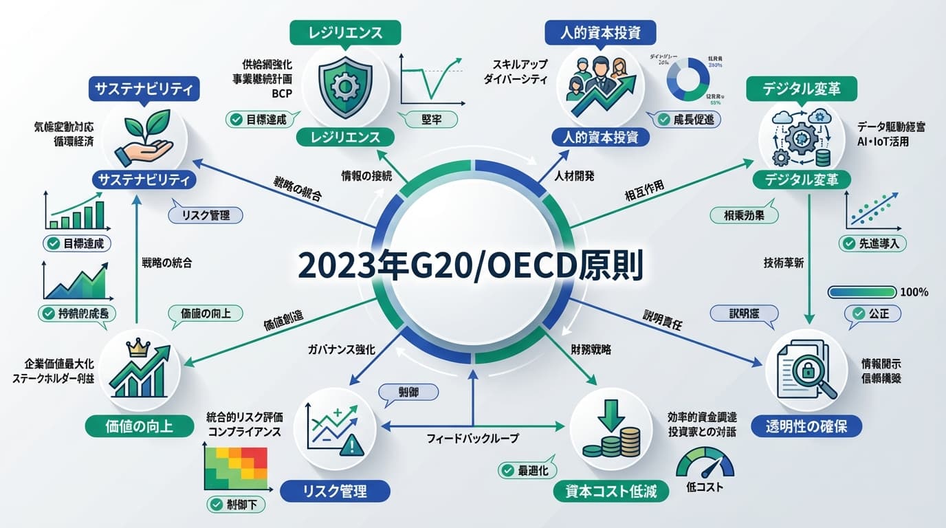 Featured image for blog post: 2023年G20/OECD原則改訂:ガバナンスを攻めの成長戦略へ. 経営戦略・財務 related article thumbnail.