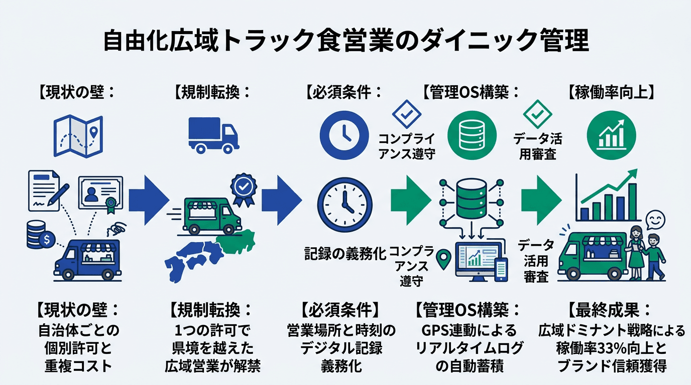 Featured image for blog post: キッチンカー広域営業解禁!1つの許可で県境を越える「攻めの経営」と管理OSの構築. 業界動向・未来予測 related article thumbnail.