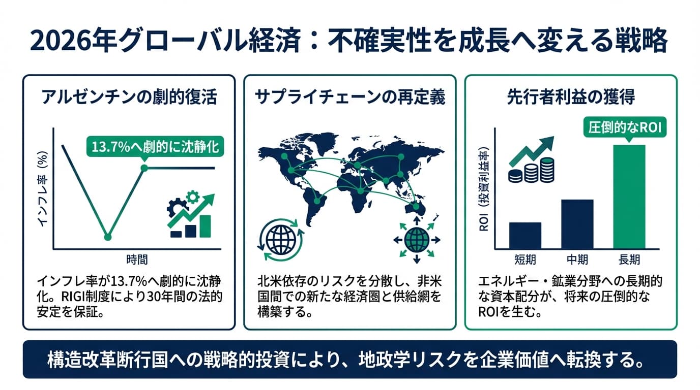 Featured image for blog post: 2026年の世界経済展望:アルゼンチンの再起と地政学リスクを成長に変える戦略. グローバル戦略・サステナビリティ related article thumbnail.