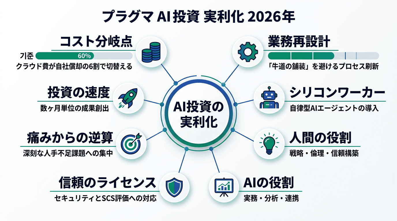 Featured image for blog post: 2026年のAI経営戦略|「牛道の舗装」を脱し、AIを電子の労働力に変える投資判断. 経営戦略・財務 related article thumbnail.