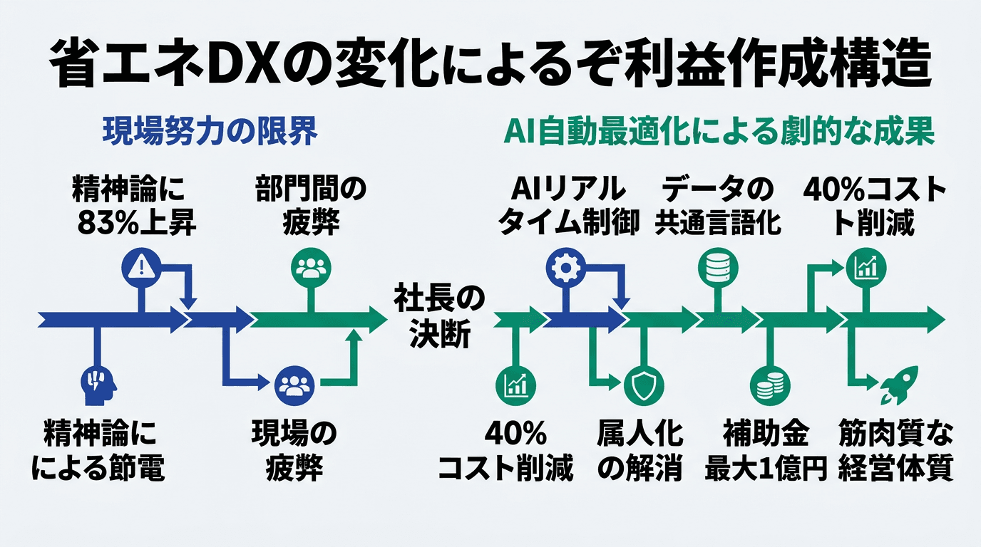 Featured image for blog post: 電気代83%増の衝撃。現場の努力を卒業し「省エネDX」で利益を守る経営判断. 経営戦略・財務 related article thumbnail.